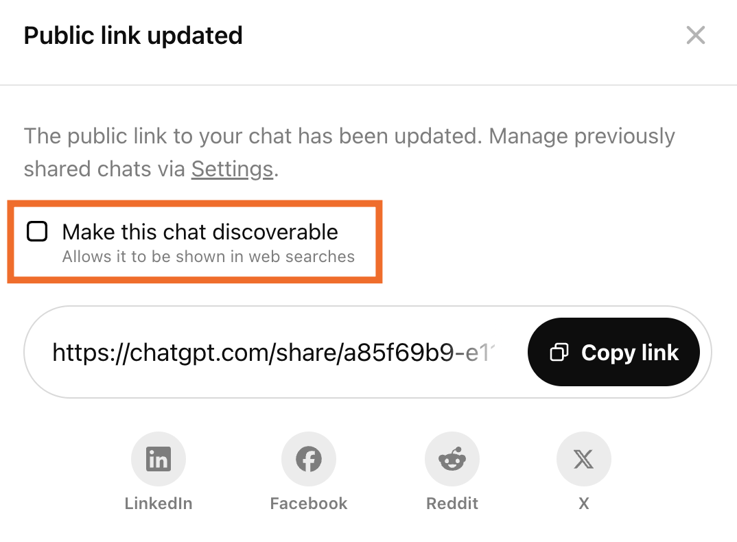 ChatGPT popup with a link to share the conversation and the option to make the chat discoverable highlighted.