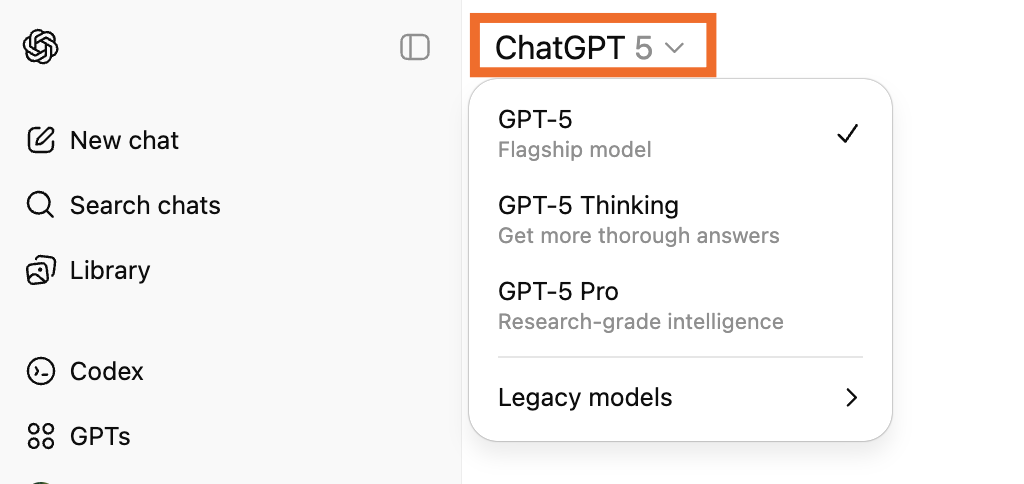 Expanded view of the models dropdown in ChatGPT.