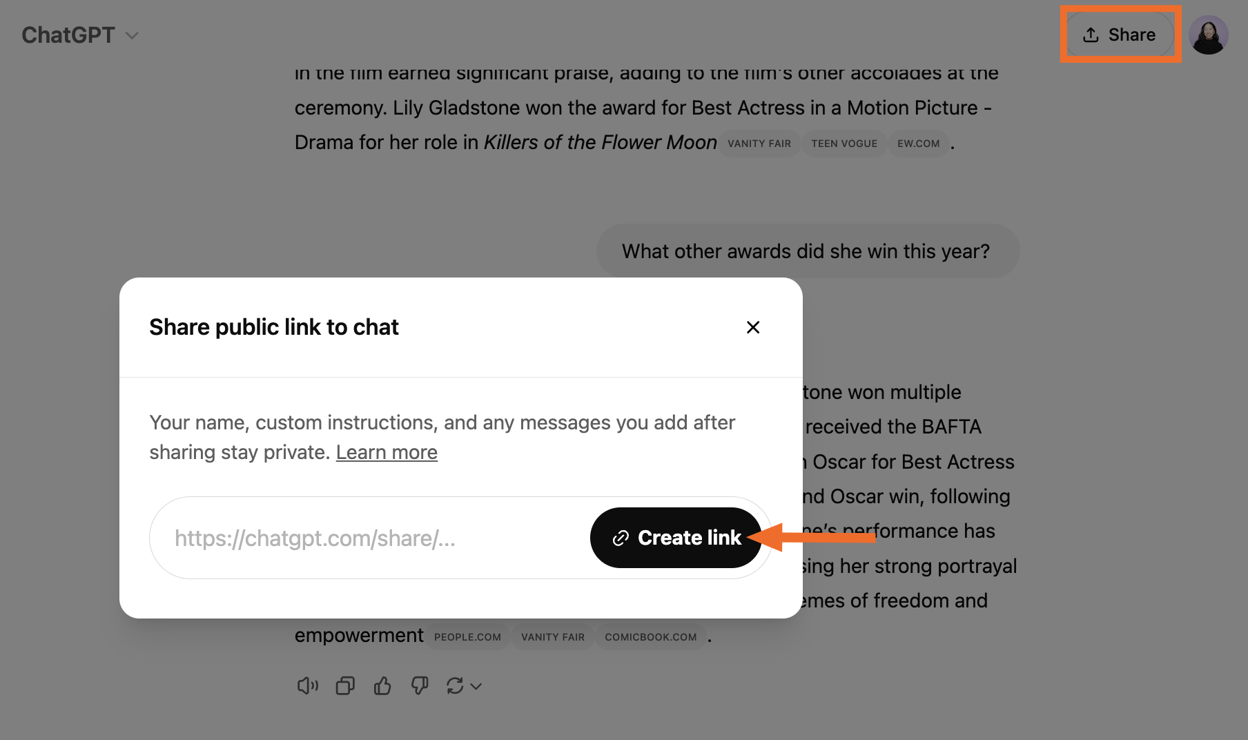 ChatGPT conversation in the background of a popup with a link to share the conversation.